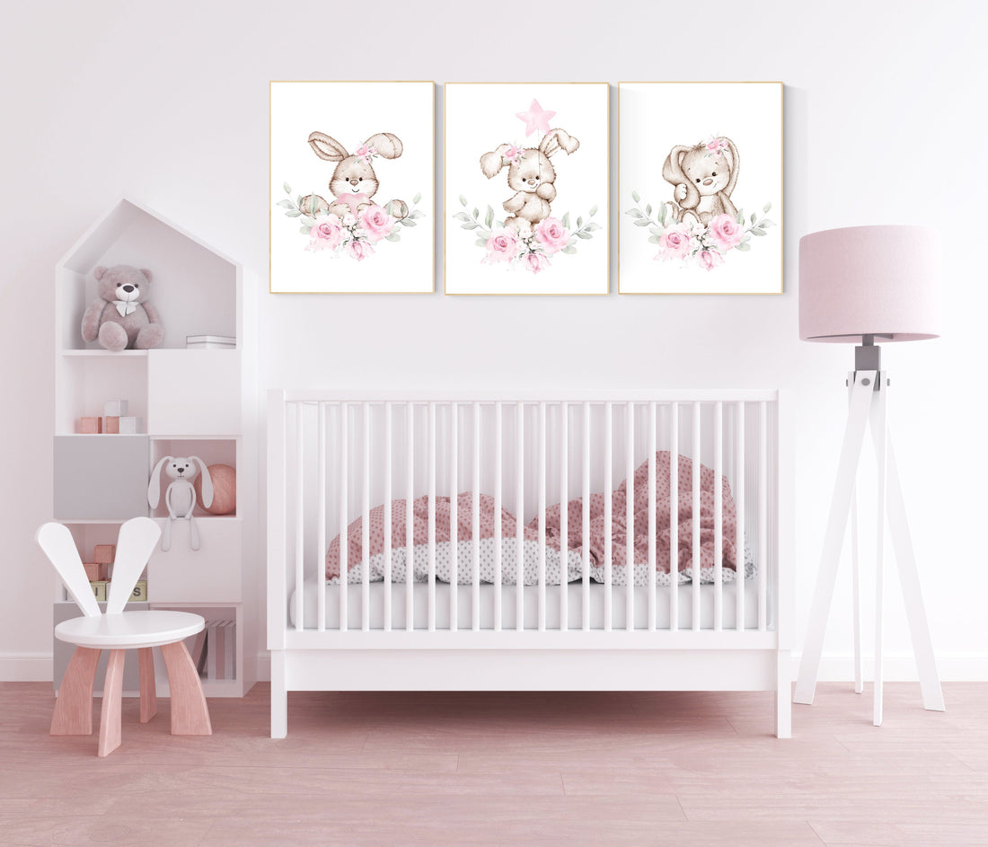 Nursery wall art bunny, pink nursery decor, Nursery decor girl flower bunny, bunny print nursery girl, rabbit nursery, rabbit print nursery