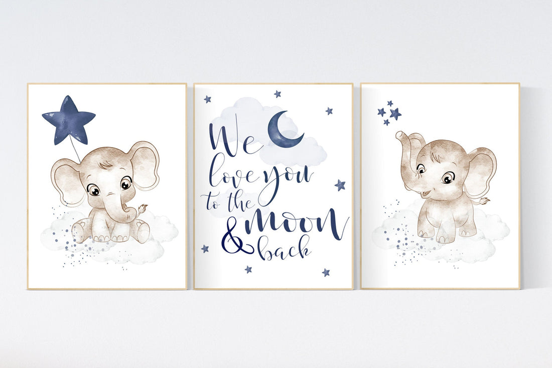 Navy nursery decor, moon and stars, navy blue nursery art. baby room wall art, boy nursery decor, set of 3, nursery prints boy, elephant art