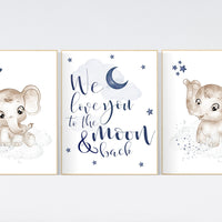 Navy nursery decor, moon and stars, navy blue nursery art. baby room wall art, boy nursery decor, set of 3, nursery prints boy, elephant art