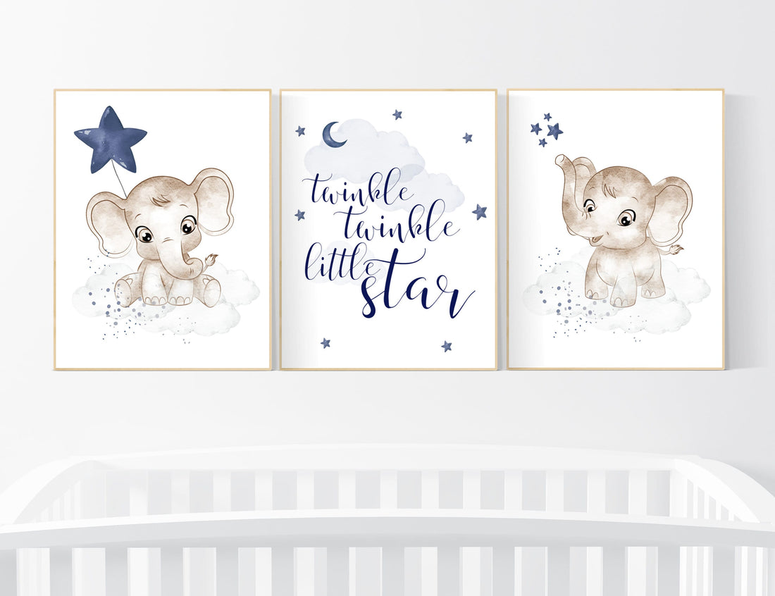 Navy nursery decor, moon and stars, navy blue nursery art. baby room wall art, boy nursery decor, set of 3, nursery prints boy, elephant art