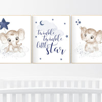 Navy nursery decor, moon and stars, navy blue nursery art. baby room wall art, boy nursery decor, set of 3, nursery prints boy, elephant art