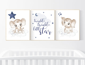 Navy nursery decor, moon and stars, navy blue nursery art. baby room wall art, boy nursery decor, set of 3, nursery prints boy, elephant art