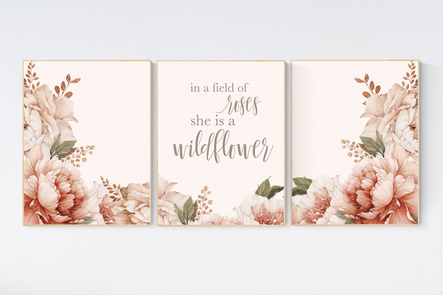 Nursery decor girl floral, peony, peonies, nursery decor flower, baby room art, flower nursery, In a field of roses she is a wildflower