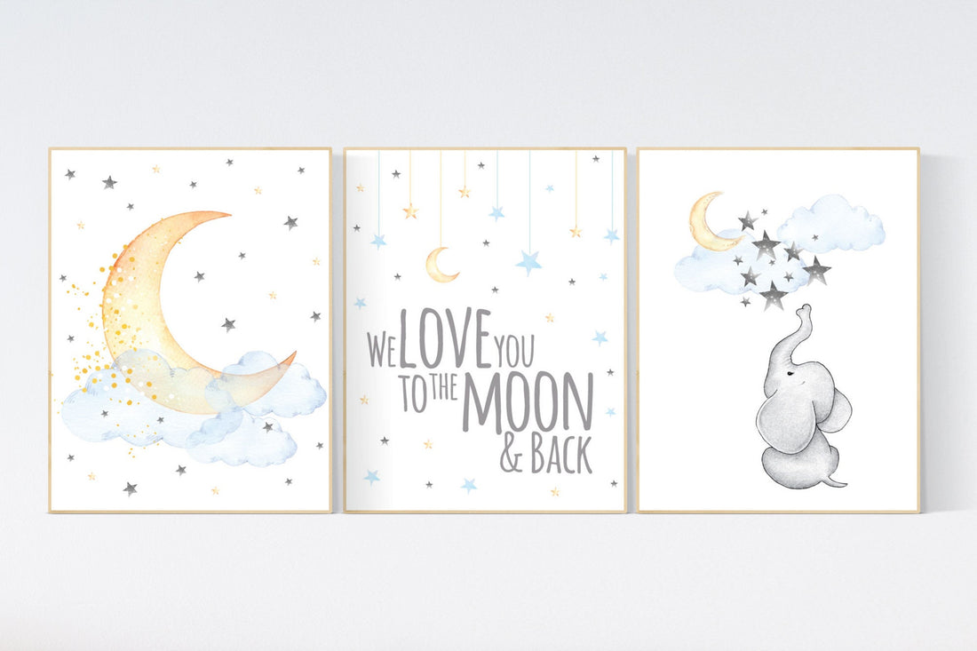 Nursery wall art elephant, neutral nursery, Gender neutral nursery, we love you to the moon and back, Baby wall decor, baby room decor, moon
