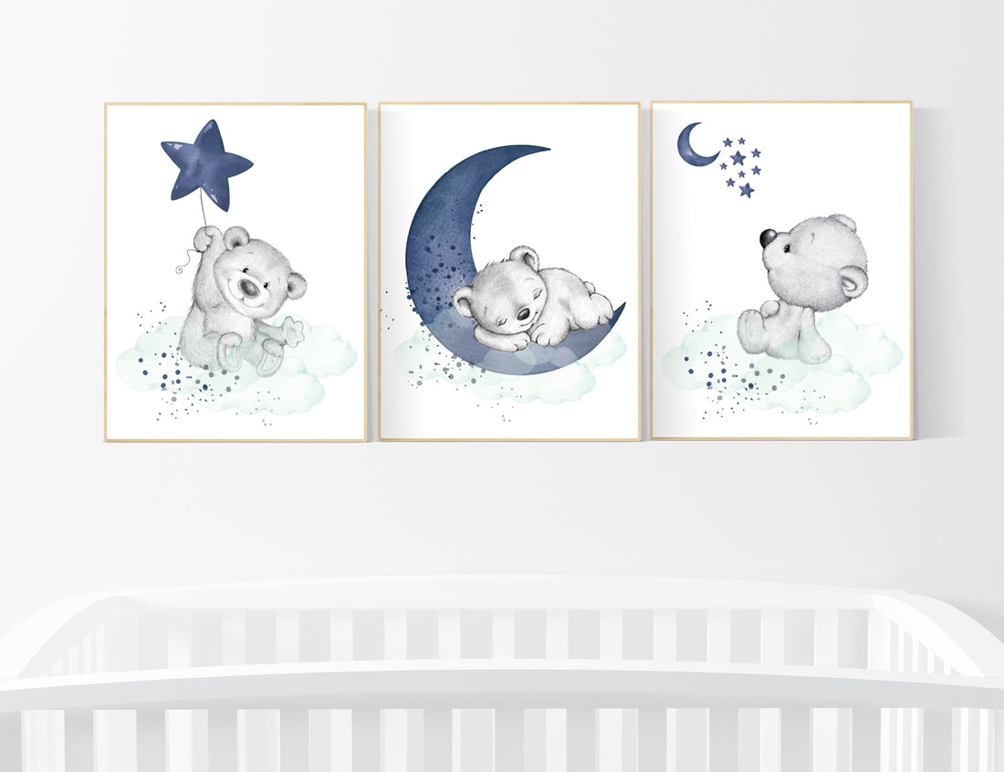 Nursery decor bear, animal nursery prints, navy mint nursery, navy blue nursery, baby room wall art, woodland animal prints, teddy bear