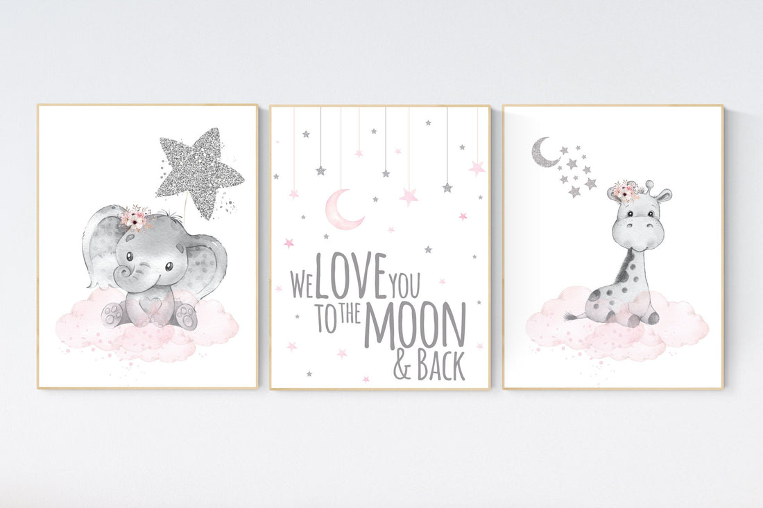 Animal nursery, nursery decor girl pink silver, nursery decor girl woodland animals, teddy bear, elephant, giraffe, baby girl nursery prints