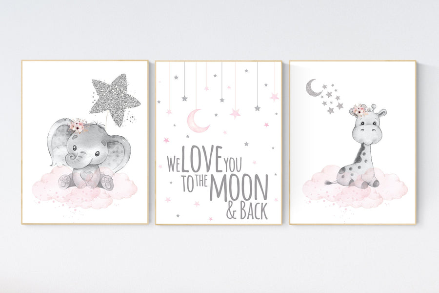 Animal nursery, nursery decor girl pink silver, nursery decor girl woodland animals, teddy bear, elephant, giraffe, baby girl nursery prints