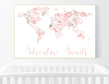 Floral World Map, Girl Nursery Decor, Travel Nursery Art, floral Nursery Print,  blush nursery, Nursery baby girl room, Adventure Awaits