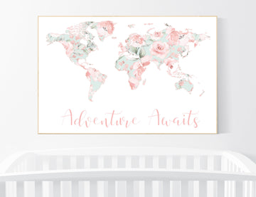 Nursery decor coral mint, Floral World Map, Girl Nursery Decor, Travel Nursery Art, floral Nursery Print, blush mint, floral nursery