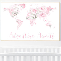 Floral World Map, Girl Nursery Decor, Travel Nursery Art, floral Nursery Print,  pink nursery, Nursery baby girl room, Adventure Awaits