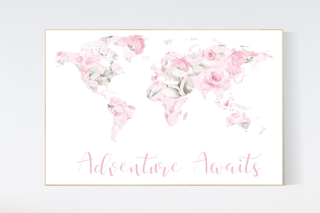 Floral World Map, Girl Nursery Decor, Travel Nursery Art, floral Nursery Print,  pink nursery, Nursery baby girl room, Adventure Awaits