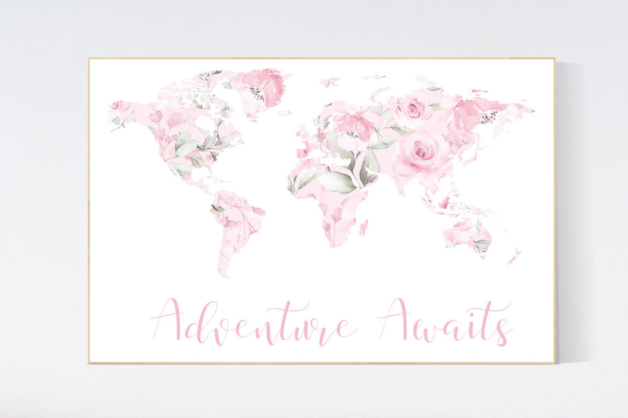 Floral World Map, Girl Nursery Decor, Travel Nursery Art, floral Nursery Print,  pink nursery, Nursery baby girl room, Adventure Awaits