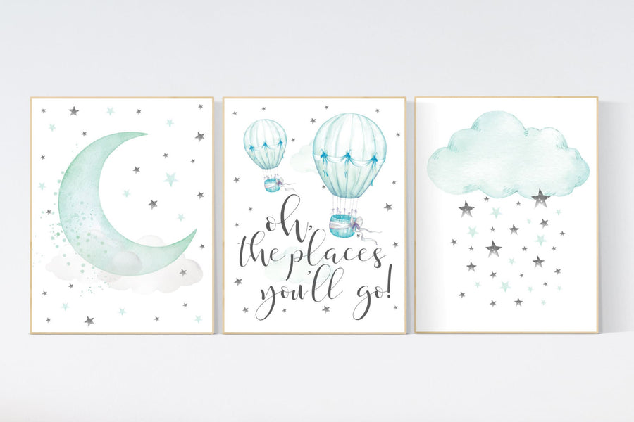 Mint nursery decor moon and stars nursery, gender neutral, mint green nursery decor, mint and gray nursery, baby room decor, nursery art