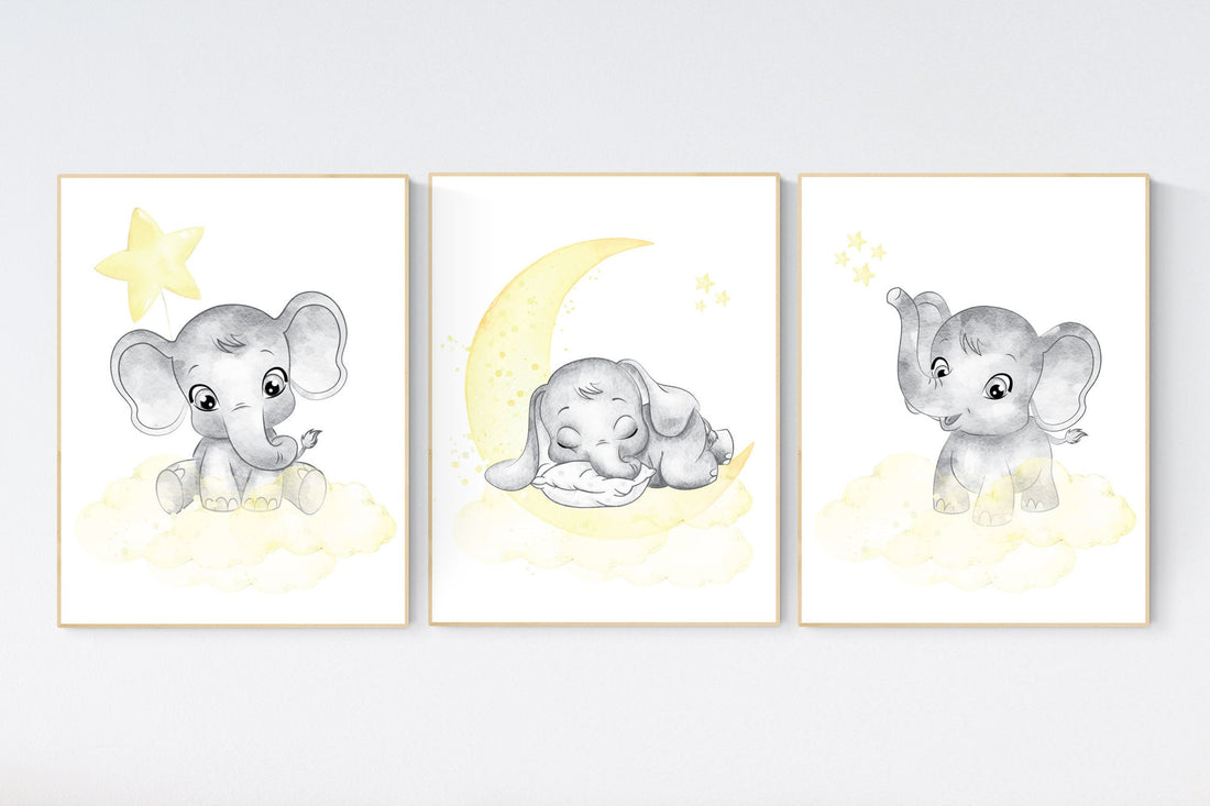 Nursery decor neutral, Yellow nursery, nursery wall art elephant, moon, stars, gender neutral, yellow and gray nursery art, baby room art
