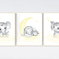 Nursery decor neutral, Yellow nursery, nursery wall art elephant, moon, stars, gender neutral, yellow and gray nursery art, baby room art