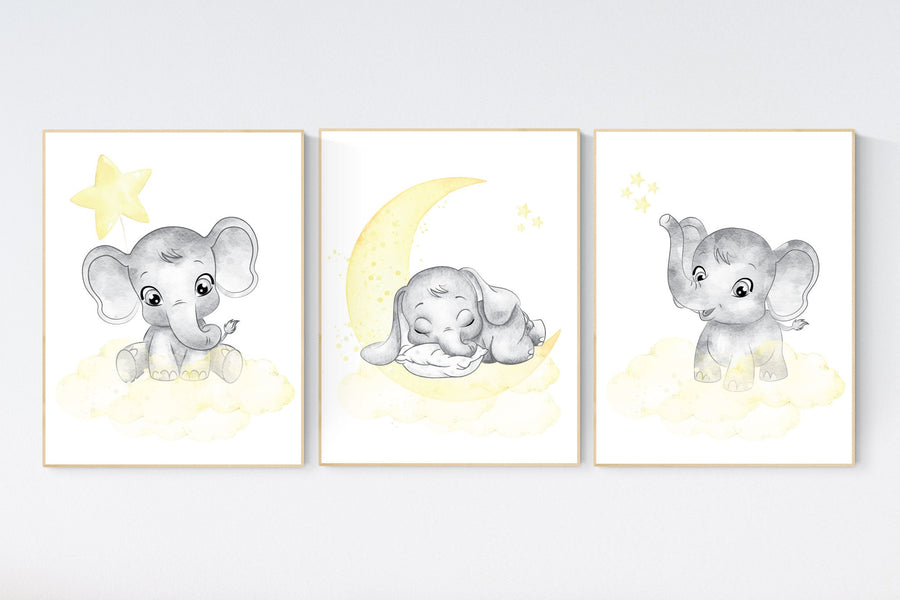 Nursery decor neutral, Yellow nursery, nursery wall art elephant, moon, stars, gender neutral, yellow and gray nursery art, baby room art