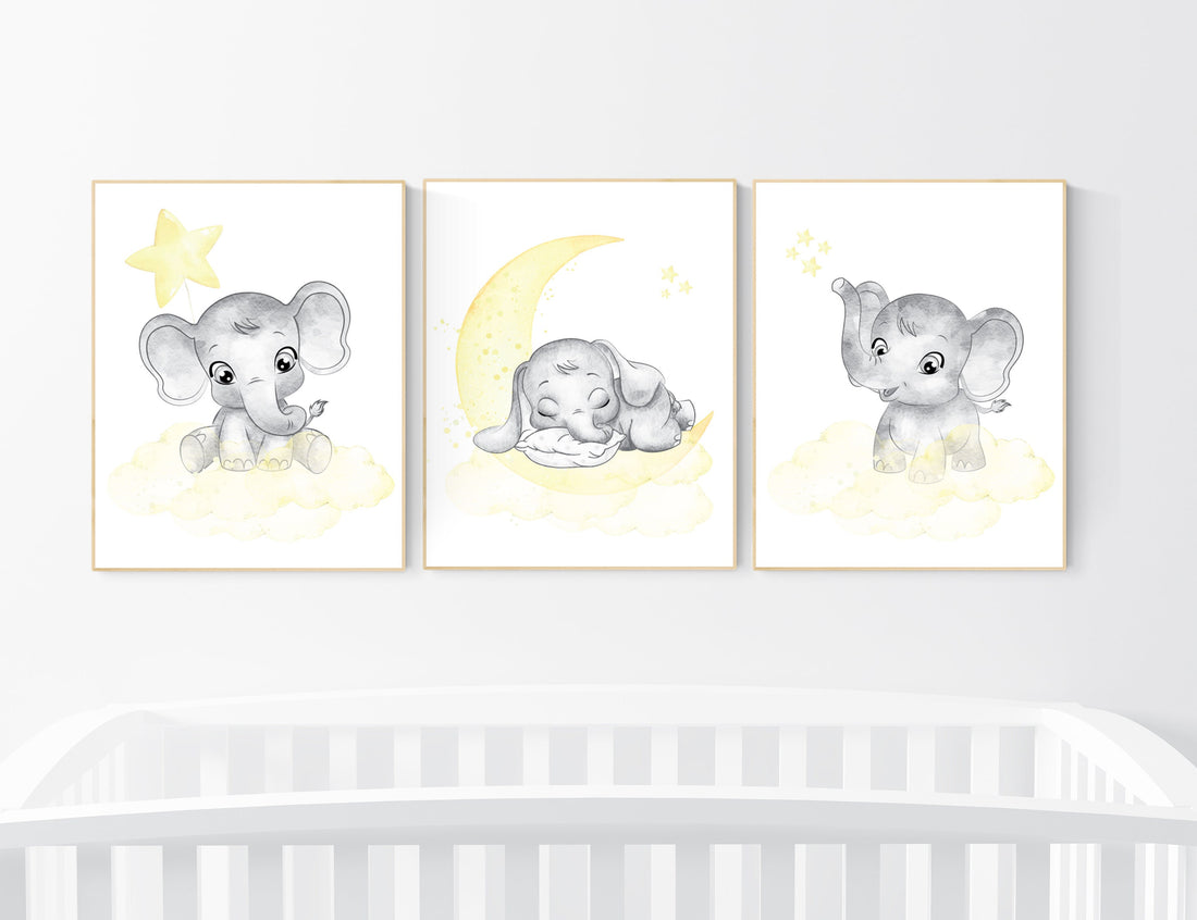 Nursery decor neutral, Yellow nursery, nursery wall art elephant, moon, stars, gender neutral, yellow and gray nursery art, baby room art