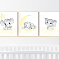 Nursery decor neutral, Yellow nursery, nursery wall art elephant, moon, stars, gender neutral, yellow and gray nursery art, baby room art