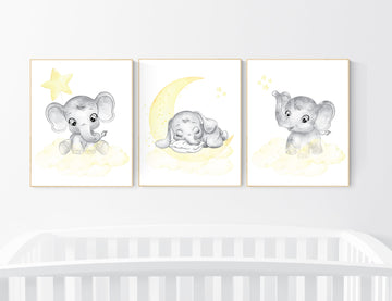 Nursery decor neutral, Yellow nursery, nursery wall art elephant, moon, stars, gender neutral, yellow and gray nursery art, baby room art