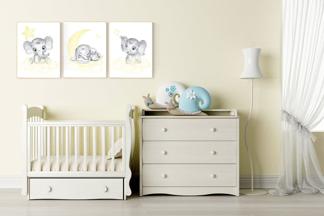Nursery decor neutral, Yellow nursery, nursery wall art elephant, moon, stars, gender neutral, yellow and gray nursery art, baby room art