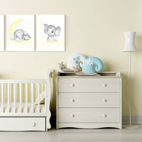 Nursery decor neutral, Yellow nursery, nursery wall art elephant, moon, stars, gender neutral, yellow and gray nursery art, baby room art