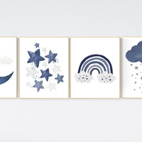 Navy nursery decor, boy nursery decor, rainbow, moon and stars, navy blue nursery, boy nursery wall decor, navy nursery, boys room wall art