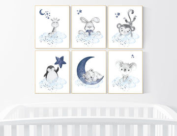 Nursery decor boy animals, nursery wall art boy, navy blue, animal prints for nursery, navy blue nursery wall decor, set of 6 prints
