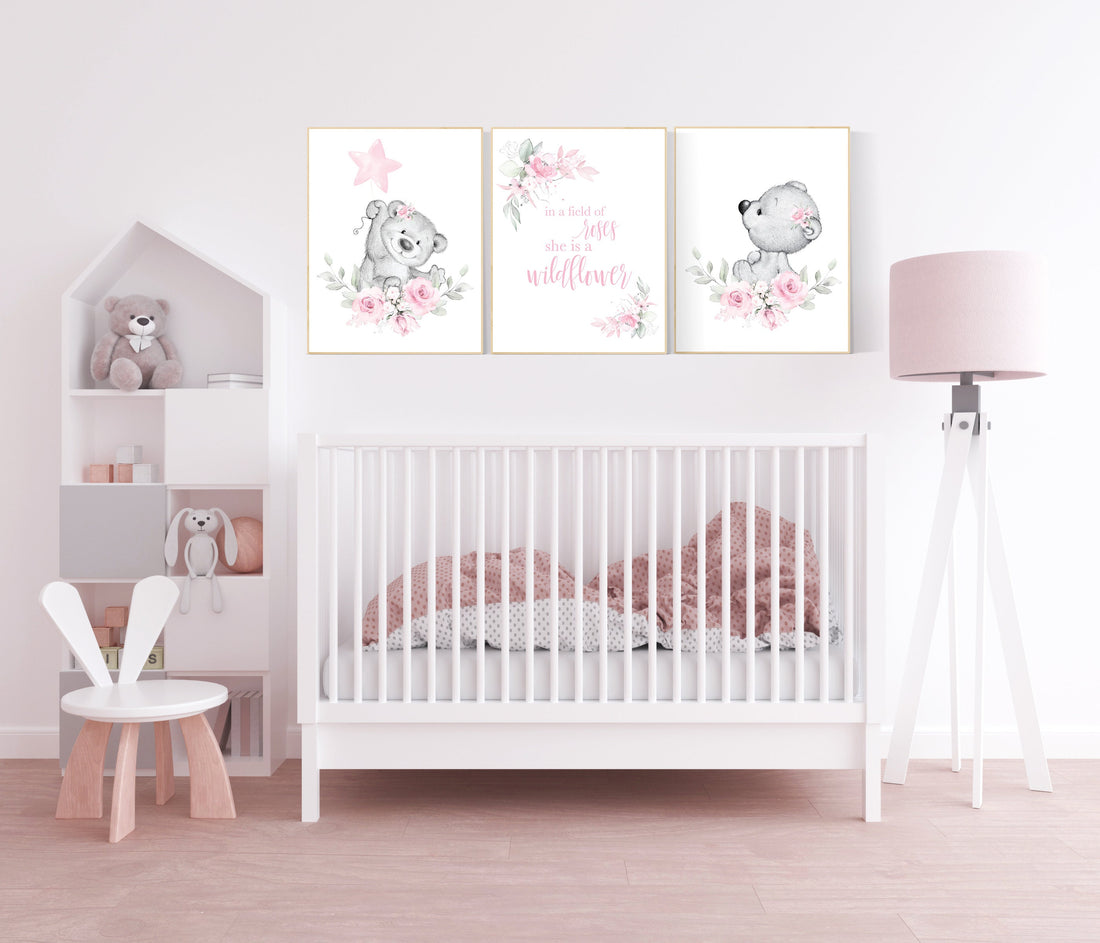Nursery decor girl flower, bear nursery, floral nursery wall art,, Nursery wall art girl, girl nursery ideas, pink, nursery wall decor