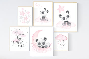 Nursery wall art girl, pink grey, panda nursery decor, panda bear nursery, dream big little one, baby room art, girl nursery wall decor