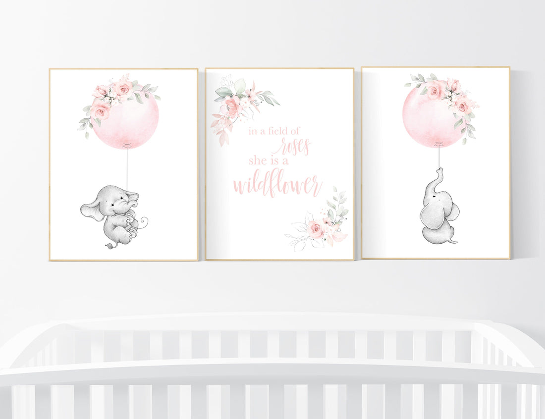 In a field of roses she is a wildflower, Nursery decor girl blush, nursery decor girl floral, elephant nursery, girls nursery decor, prints
