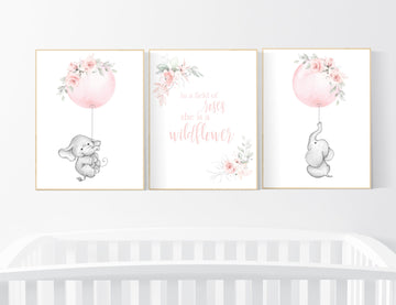 In a field of roses she is a wildflower, Nursery decor girl blush, nursery decor girl floral, elephant nursery, girls nursery decor, prints