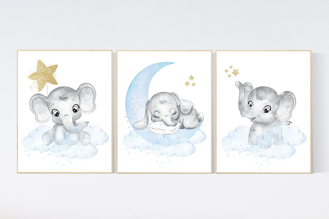 Nursery decor boy elephant, blue and gold nursery, blue nursery wall art, elephant nursery, baby room wall decor, boys room decor