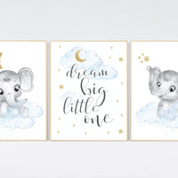 Nursery decor boy elephant, blue and gold nursery, dream big little one, blue nursery wall art, cloud and stars, baby room decor