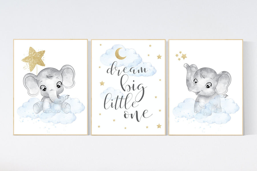 Nursery decor boy elephant, blue and gold nursery, dream big little one, blue nursery wall art, cloud and stars, baby room decor