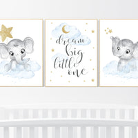 Nursery decor boy elephant, blue and gold nursery, dream big little one, blue nursery wall art, cloud and stars, baby room decor