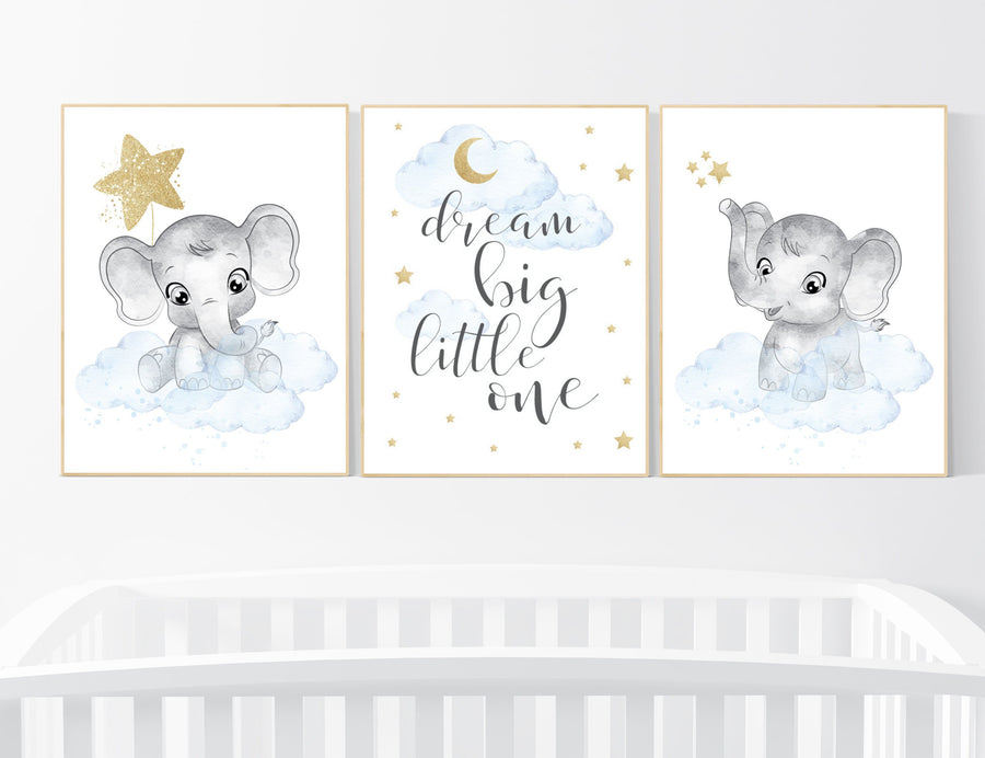 Nursery decor boy elephant, blue and gold nursery, dream big little one, blue nursery wall art, cloud and stars, baby room decor