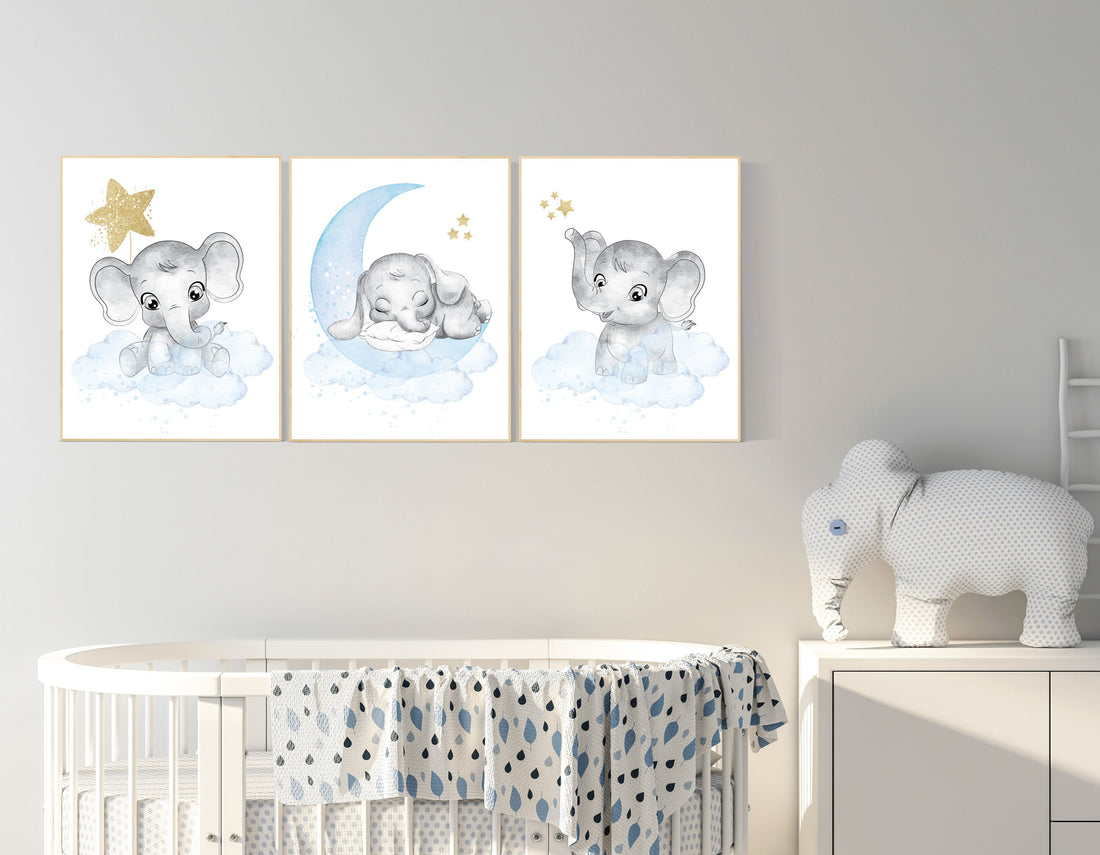 Nursery decor boy elephant, blue and gold nursery, blue nursery wall art, elephant nursery, baby room wall decor, boys room decor