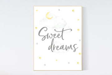 Nursery wall art neutral, nursery wall art yellow, moon and stars, gender neutral, baby room decor, sweet dreams, yellow grey, gray