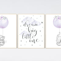 Nursery decor girl purple, elephant nursery, lavender and gray, lilac, elephant balloons, butterflies, purple nursery, girl nursery ideas