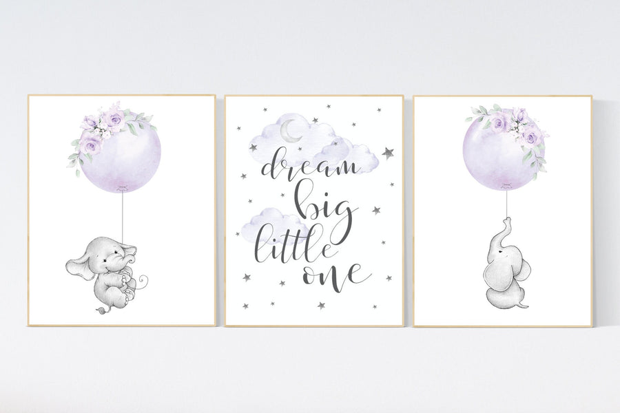 Nursery decor girl purple, elephant nursery, lavender and gray, lilac, elephant balloons, butterflies, purple nursery, girl nursery ideas