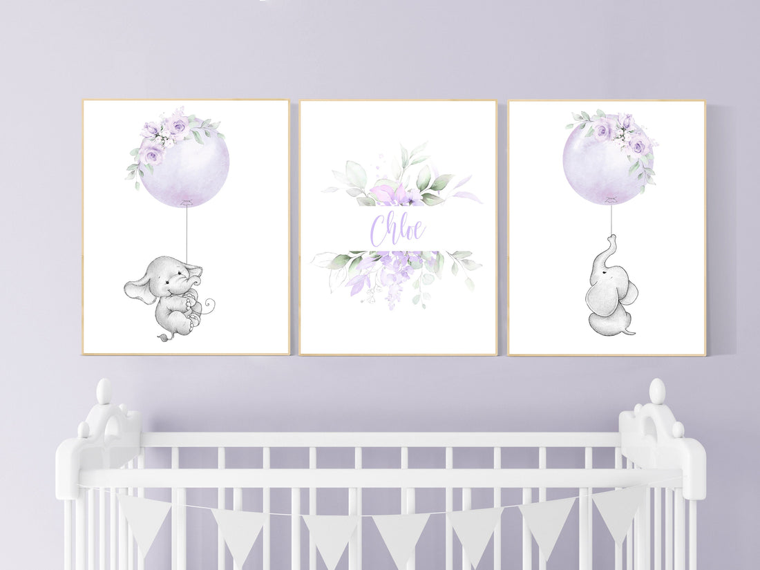 Purple nursery, Boho baby room, nursery wall art elephant, nursery decor girl, nursery decor girl floral, lilac nursery decor, lavender