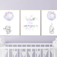 Purple nursery, Boho baby room, nursery wall art elephant, nursery decor girl, nursery decor girl floral, lilac nursery decor, lavender