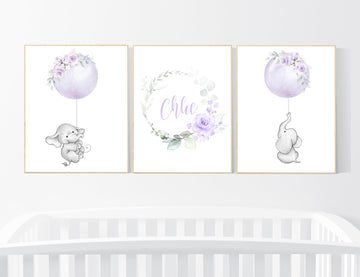 Purple nursery, nursery decor girl boho, nursery wall art elephant, nursery wall art girl, nursery prints girl floral, lilac, lavender