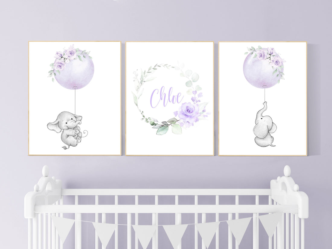 Purple nursery, nursery decor girl boho, nursery wall art elephant, nursery wall art girl, nursery prints girl floral, lilac, lavender
