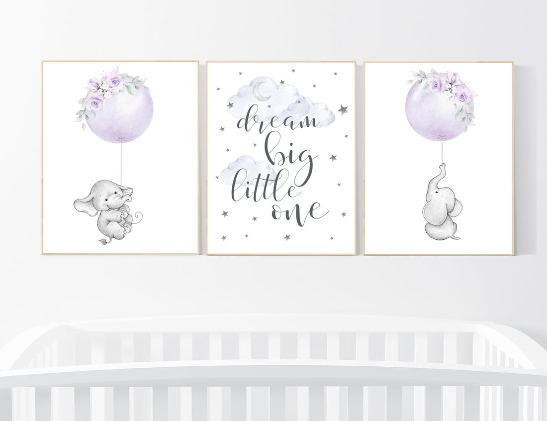 Nursery decor girl purple, elephant nursery, lavender and gray, lilac, elephant balloons, butterflies, purple nursery, girl nursery ideas