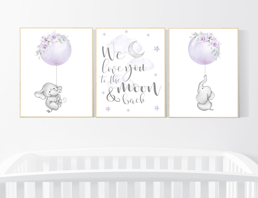 Nursery wall art elephant, Nursery prints girl, purple nursery, lavender, lilac nursery, moon and stars, girl baby room art, nursery set