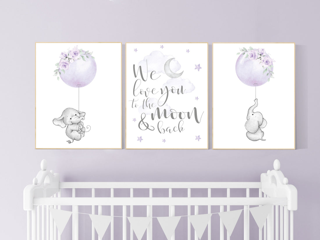 Nursery wall art elephant, Nursery prints girl, purple nursery, lavender, lilac nursery, moon and stars, girl baby room art, nursery set