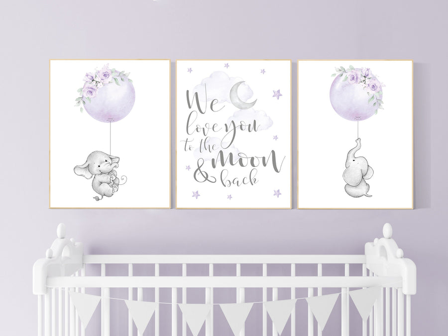 Nursery wall art elephant, Nursery prints girl, purple nursery, lavender, lilac nursery, moon and stars, girl baby room art, nursery set
