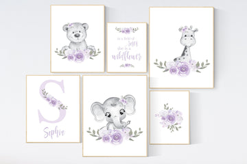 Nursery decor lilac, nursery decor girl boho, nursery wall art purple, lavender, animal nursery, elephant, bear, giraffe, boho nursery