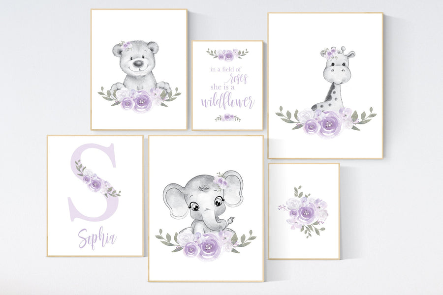 Nursery decor lilac, nursery decor girl boho, nursery wall art purple, lavender, animal nursery, elephant, bear, giraffe, boho nursery
